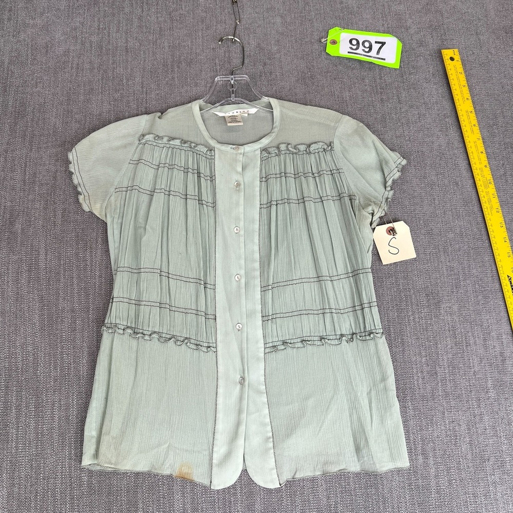 Studiom Blouse Top Womens S Green Silk Blend Pleated Short Sleeve Button Front